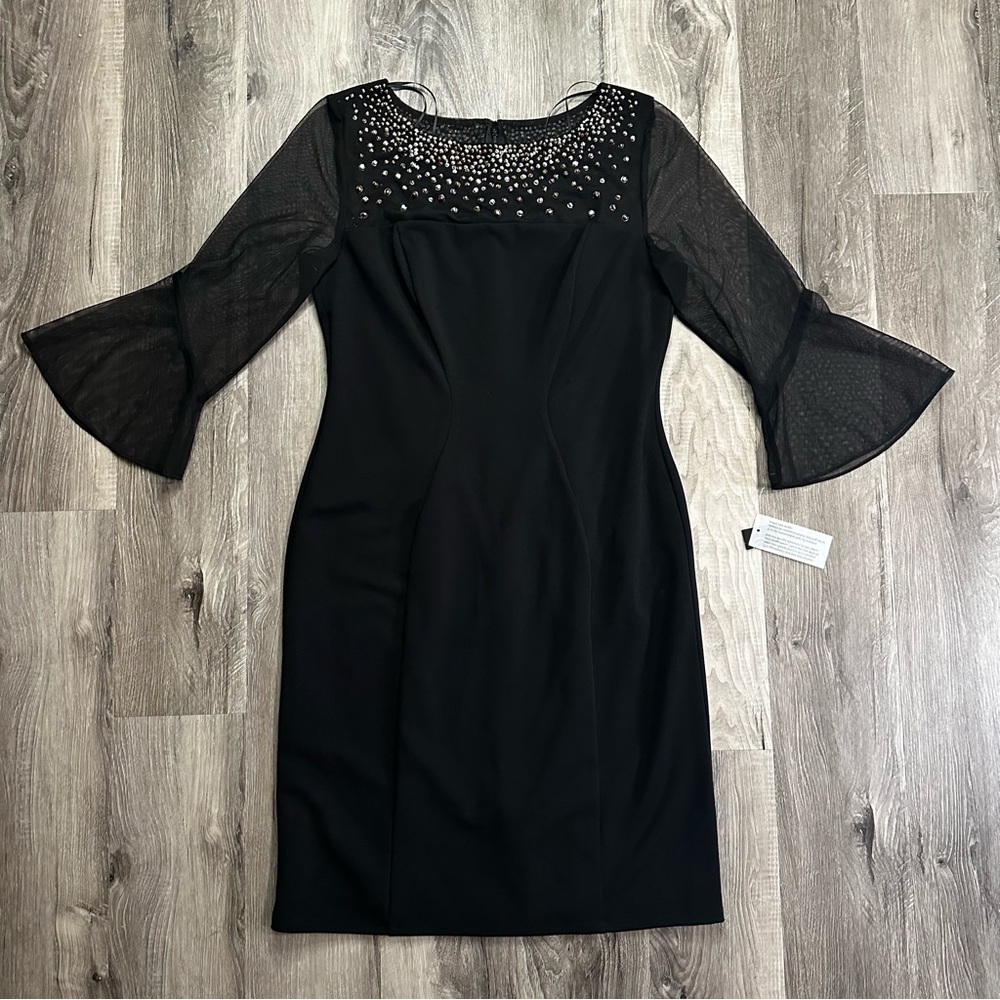 Alex Evenings Gabrielle Bell Sleeved Crepe Dress 10 Petite Black Holiday New